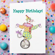 Unicycle Clown Cat Birthday Card