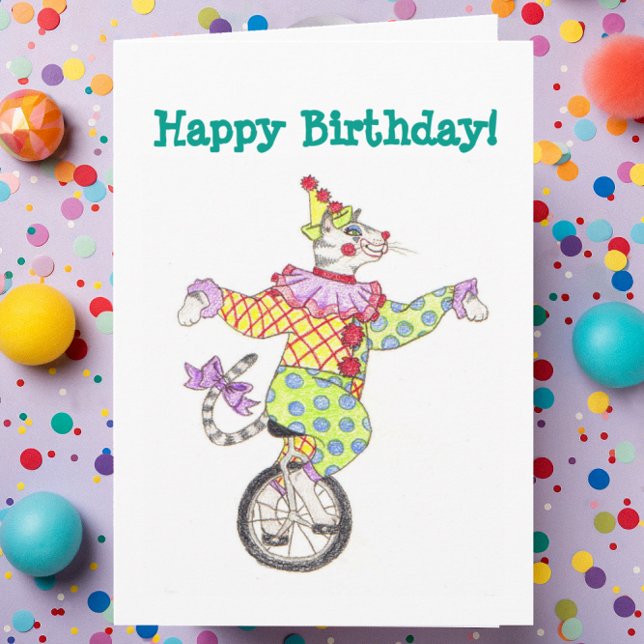 Cartão Unicycle Clown Cat Birthday Card (Criador carregado)