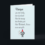 Cartão Unique, a funny Happy Birthday Poem<br><div class="desc">A funny happy birthday card,  featuring a bad poem and illustration,  about how truly unique and special you are. Our character,  tillie,  is wearing a birthday hat and holding a turnip shaped like Richard Nixon on a unicycle.</div>