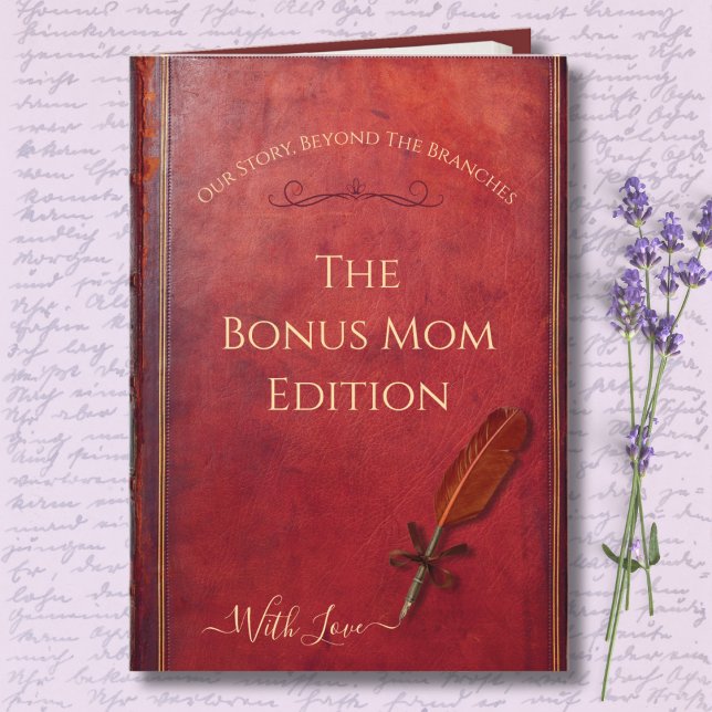 Cartão Unique Storybook Bonus Mom Photo Mother’s Day Card (Luxury Red Leather Storybook Card for Bonus Mom. Typography Cover & Vintage Quill.)