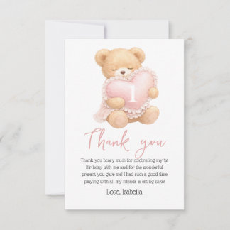 Cartão Ursa Xadrez Rosa 1º Aniversário Menina