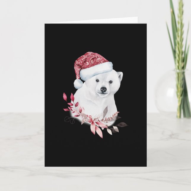 Cartão Ursinho Branco Bebê Usando Chapéu de Natal (Frente)
