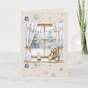 Cartão Ursinho de Natal Azul com Flocos de Neve na Janela