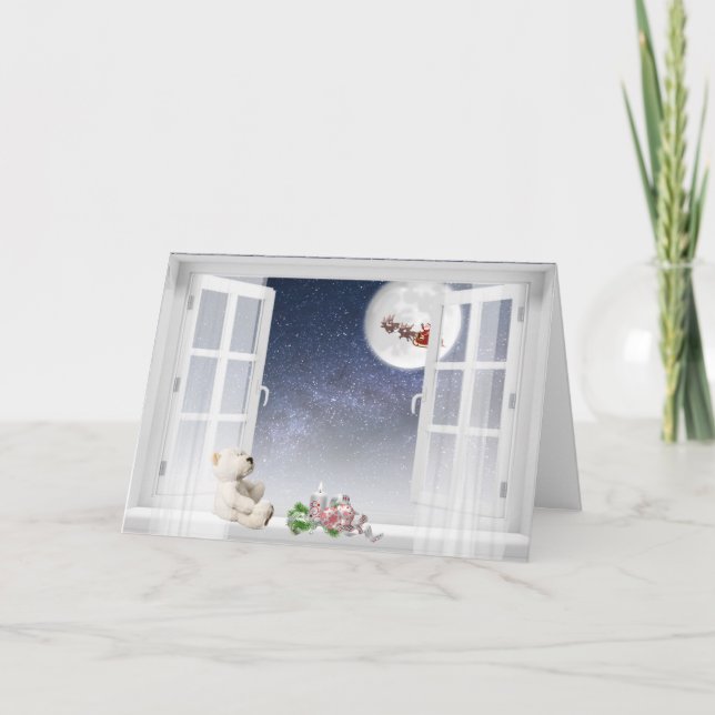 Cartão ursinho de pelúcia na janela de Natal (Frente)