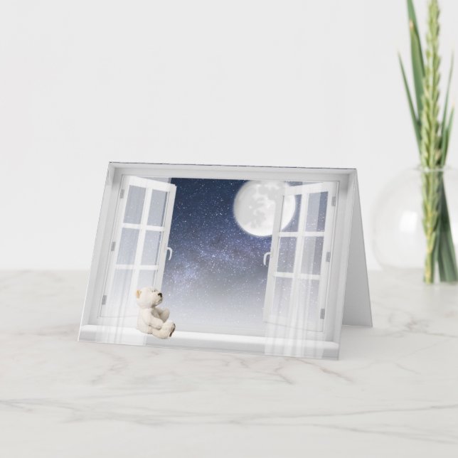 Cartão ursinho de pelúcia na janela para amizade (Frente)