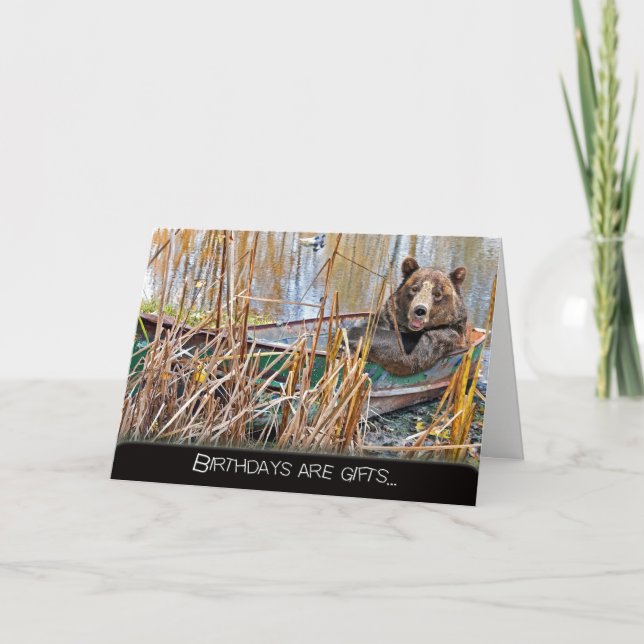 Cartão ursinho sorridente de aniversário em barco a remo (Frente)