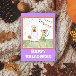 Cartão Ursinhos de Aguarela Fofo Feliz Halloween