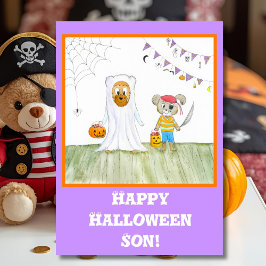 Cartão Ursinhos Teddy Aquarela Feliz Halloween Filho