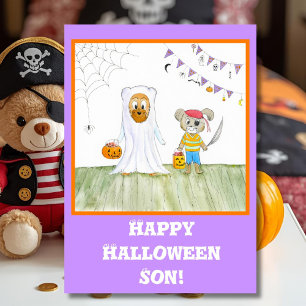 Cartão Ursinhos Teddy Aquarela Feliz Halloween Filho