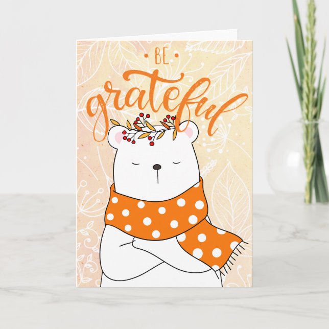 Cartão Urso Branco com Cachecol Laranja - Seja Grato (Frente)