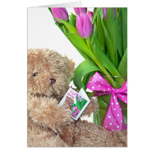Cartão Urso conhecido do Dia-ursinho com tulipas