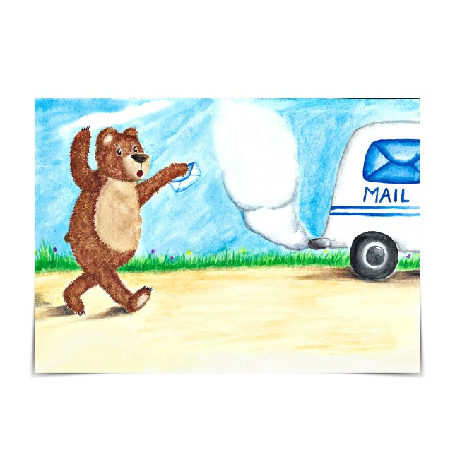 Cartão Urso Correndo para Enviar Carteira de Aniversário  (Oh no! Bear missed the mail truck!)