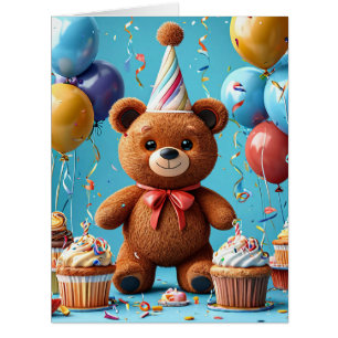 Cartão Urso de aniversário com bolo e balões