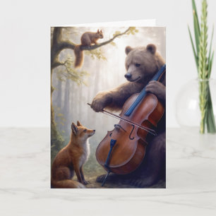 Cartão Urso de Aniversário Tocando o Cello numa Floresta 
