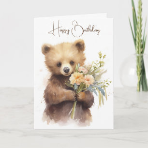 Cartão Urso de Aquarela com Buquê de Aniversário