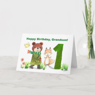 Cartão Urso de Aquarela e Raposa do primeiro aniversario