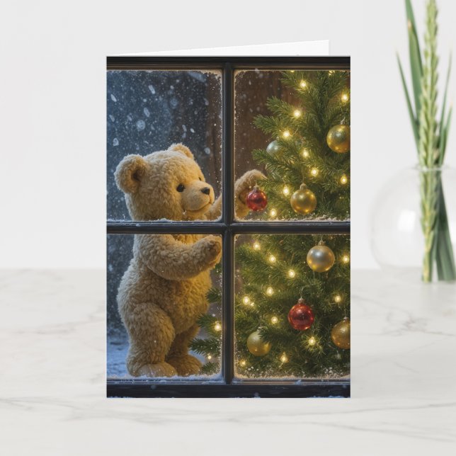 Cartão Urso de Natal decorando uma árvore (Frente)