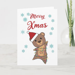 Cartão Urso de Natal Feliz Neve Inverno Teddy Crianças