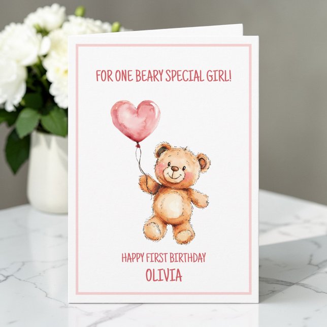 Cartão Urso de Pelúcia Baloão Rosa Feliz 1º Aniversário (Teddy Bear Cute Pink Balloon Happy 1st Birthday Card)