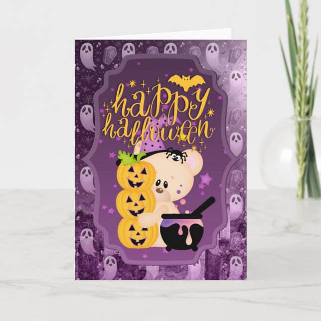 Cartão Urso de Pelúcia com Caldeirão - Feliz Halloween (Frente)