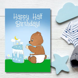 Cartão Urso de pelúcia feliz de meio aniversário comendo