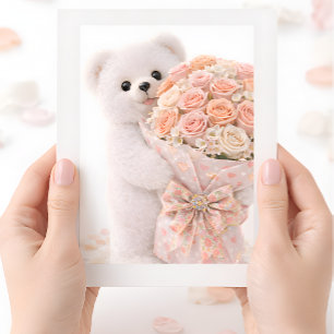 Cartão Urso de Pelúcia Fofo Segurando um Buquê de Rosas B