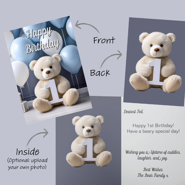 Cartão Urso de Teddy e Balões de primeiro aniversario (Baby Boy First Birthday card. Baby 1st Birthday card with number 1 & white teddy bear blue balloons)