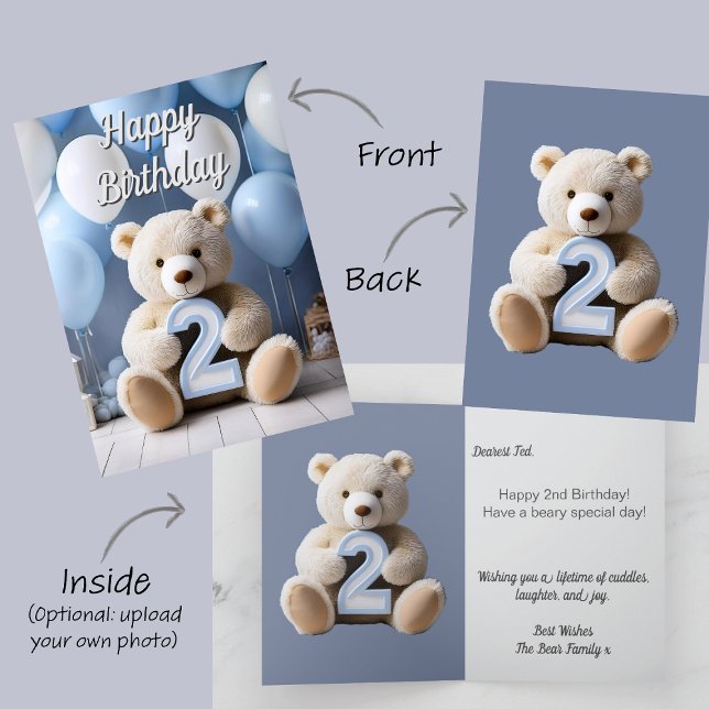 Cartão Urso de Teddy e Balões de segundo aniversário (Bear Baby Child Kid 2nd Second Birthday Card. White teddy bear holds number 2. Blue & White balloons)