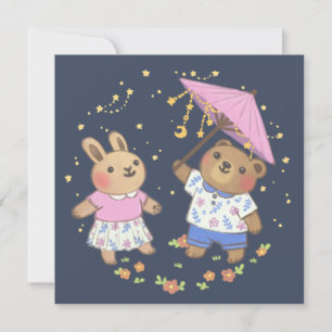 Cartão Urso de Teddy e Coelhinho sob a Ilustração das Est