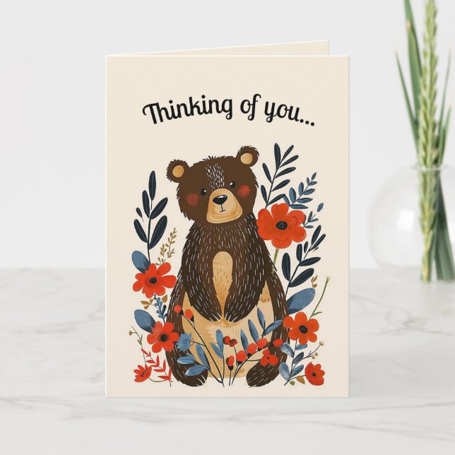 Cartão Urso e Flores da Arte Popular Editável (Frente)