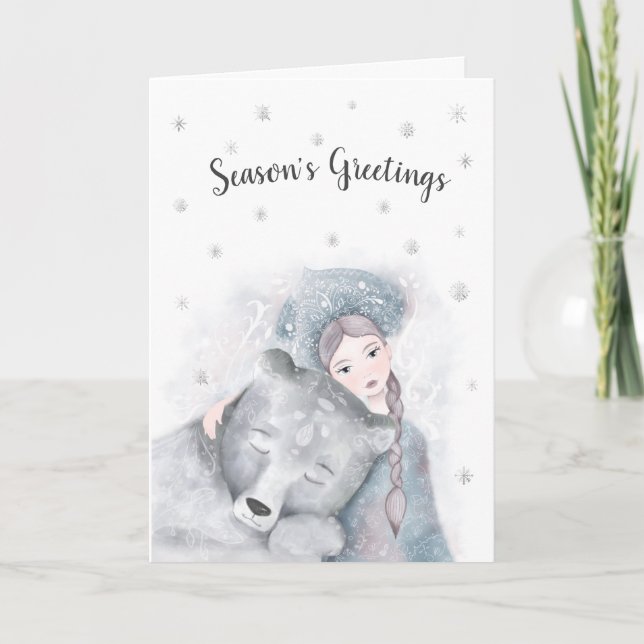 Cartão Urso Encantado e Rapariga personalizados no Natal (Frente)