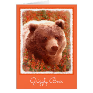 Cartão Urso Grizzly na Pintura de Arte Selvagem com Algas