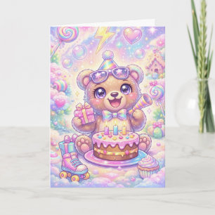 Cartão Urso Kawaii de Aniversário Patins de Roda Arco-Íri
