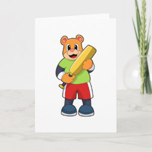 Cartão Urso no críquete com taco de críquete