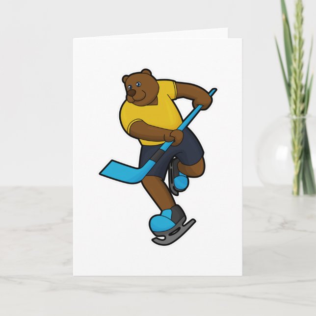 Cartão Urso no hóquei no gelo com taco de hóquei no gelo (Frente)