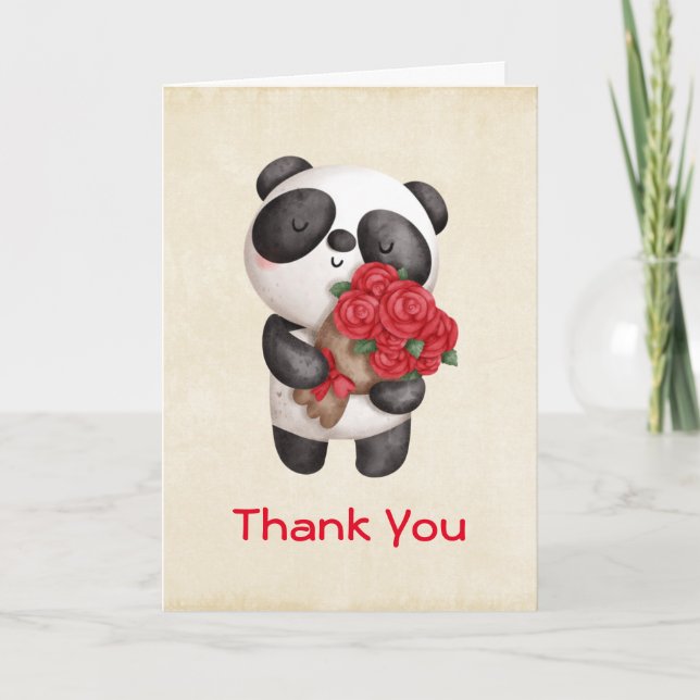 Cartão Urso Panda Bonito com Rose Bouquet Obrigado (Frente)