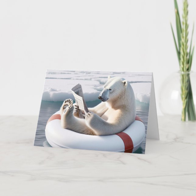 Cartão Urso Polar de Aniversário Lendo um Jornal (Frente)