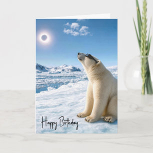 Cartão Urso Polar de Aniversário Olhando para Eclipse Sol