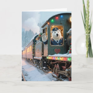 Cartão Urso Polar de Natal em uma Velha Locomotiva a Vapo