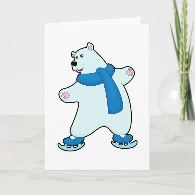Cartão Urso polar no patins de gelo com cachecol (Frente)