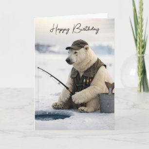 Cartão Urso Polar Pescando no Gelo de Aniversário