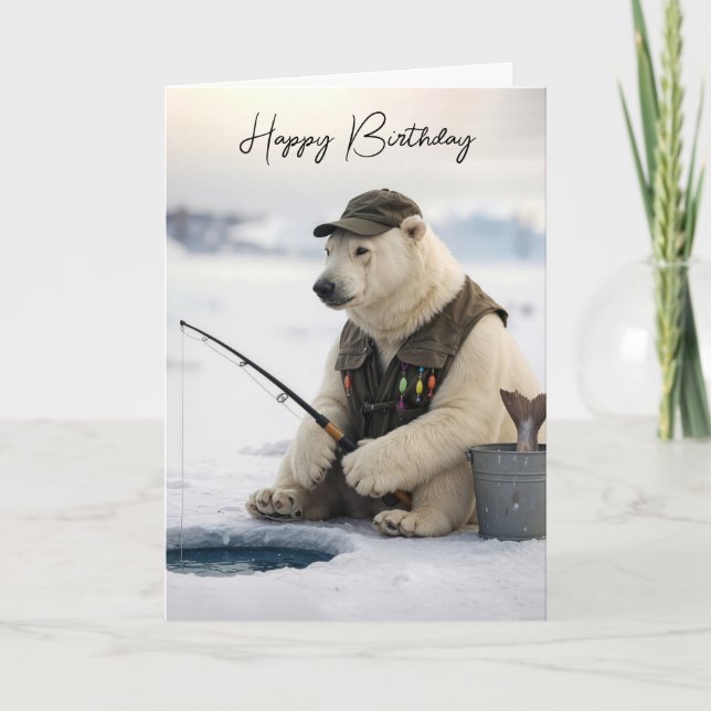 Cartão Urso Polar Pescando no Gelo de Aniversário (Frente)