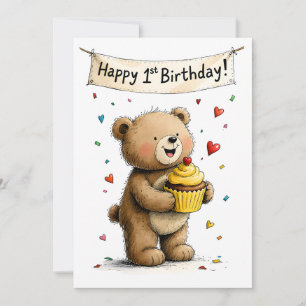 Cartão Urso Teddy Caprichoso Fofo Aniversário de 1 Ano Fl