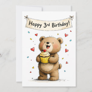 Cartão Urso Teddy Caprichoso Fofo Aniversário de 3 Anos F