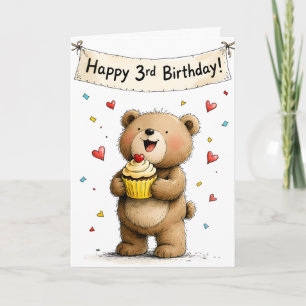 Cartão Urso Teddy Caprichoso Fofo Aniversário de Três Ano