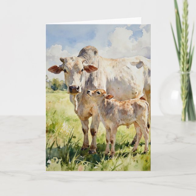 Cartão Vaca Brahman e Bezerro em Aquarela (Frente)
