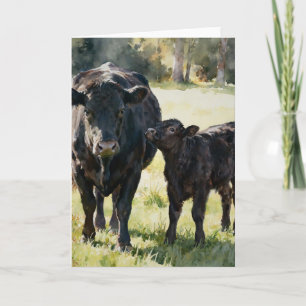 Cartão Vaca e Bezerro Black Angus Estudo A em Aquarelas