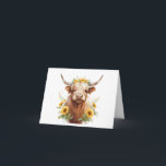 Cartão Vaca Highland com Flor Amarelo de Girassol<br><div class="desc">vaca bonito,  coroa de girassol amarela,  girassóis na cabeça chifre,  flores e chifres de touro,  ilustração de pintura de aquarela,  bela fazenda de gado escocês,  campo de prados da natureza selvagem,  vibe de primavera de verão,  fazendeiro de fazenda de verão,  doce e florido</div>