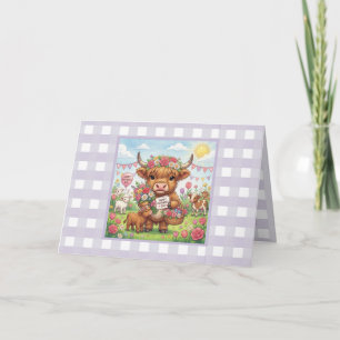 Cartão Vaca Highland Personalizada Dia das Mães Lavanda