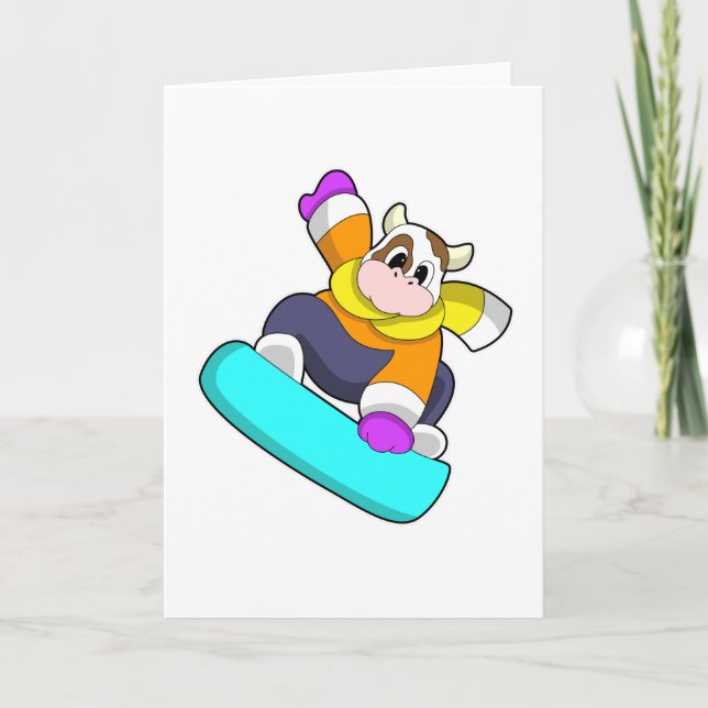 Cartão Vaca no Snowboarding com Snowboard (Frente)